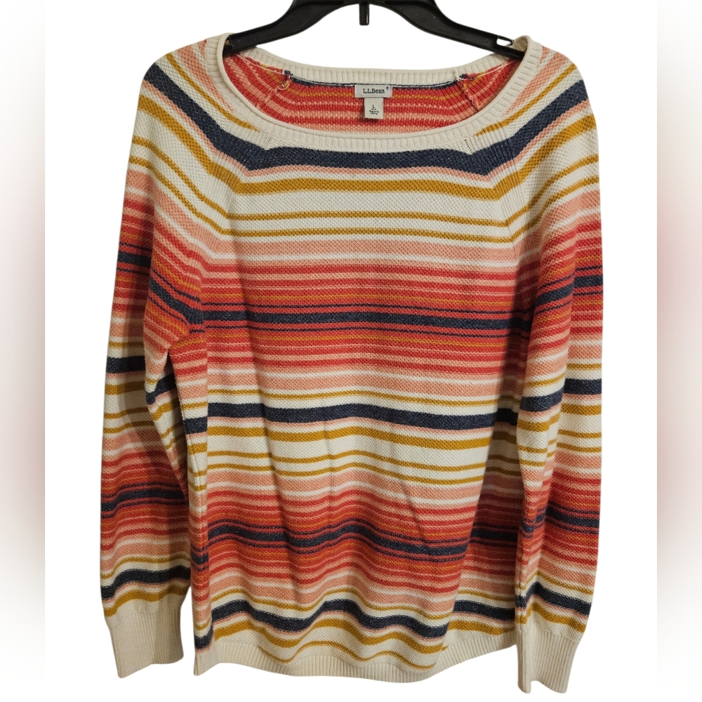 L.L. Bean Multicolor Striped Textured Cotton Crewneck Sweater Sz L